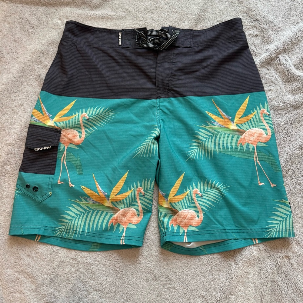 Ocean Current Teal Flamingo Print Men’s Swim Board Shorts‎ Size 34